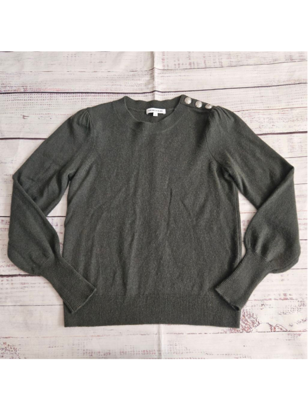 Veronica Beard Nelia Cashmere Sweater Button Accent Green Balloon Sleeve Small